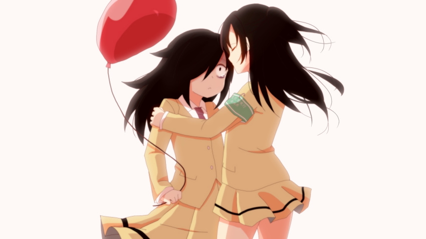 armband, balloon, black_hair, closed_eyes, highres, hug, imae_megumi, inazumairebunndaisuki, kuroki_tomoko, long_hair, necktie, school_uniform, tears, watashi_ga_motenai_no_wa_dou_kangaetemo_omaera_ga_warui!