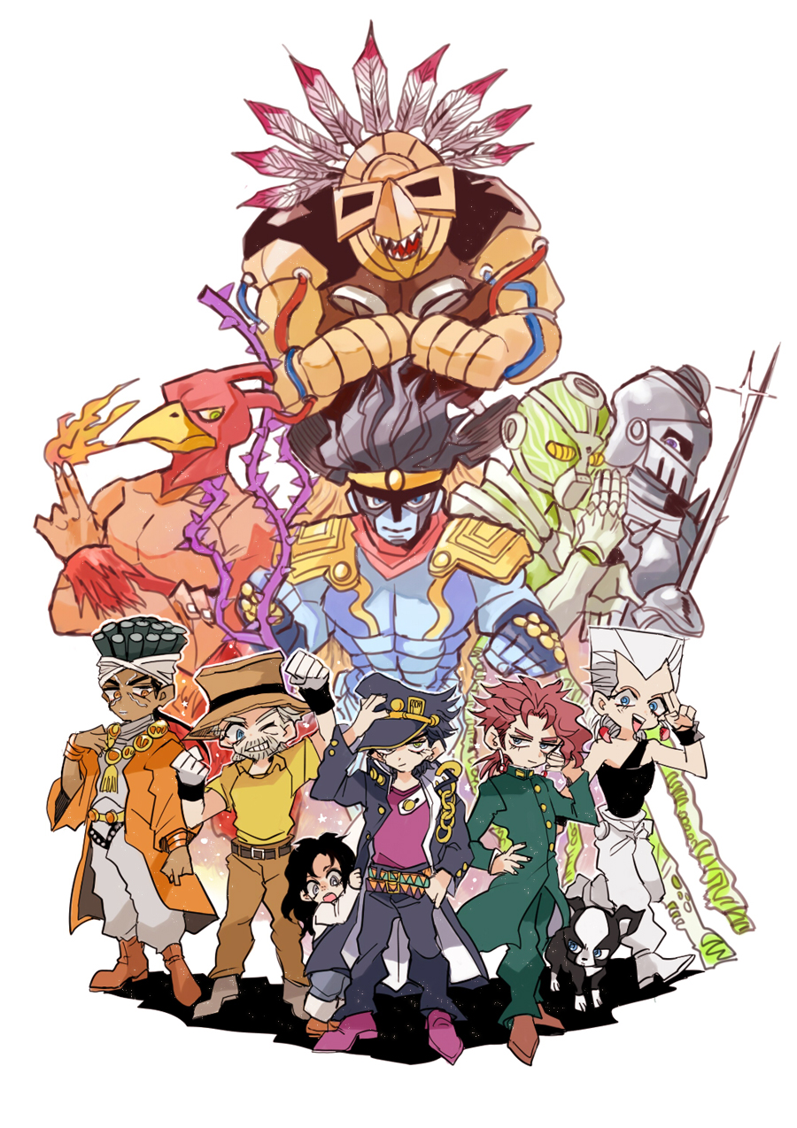 hermit_purple, hierophant_green, highres, iggy_(jojo), jean_pierre_polnareff, jojo_no_kimyou_na_bouken, joseph_joestar, kakyouin_noriaki