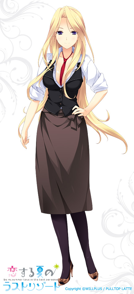 1girl, between_breasts, black_legwear, blonde_hair, breasts, cleavage, female, high_heels