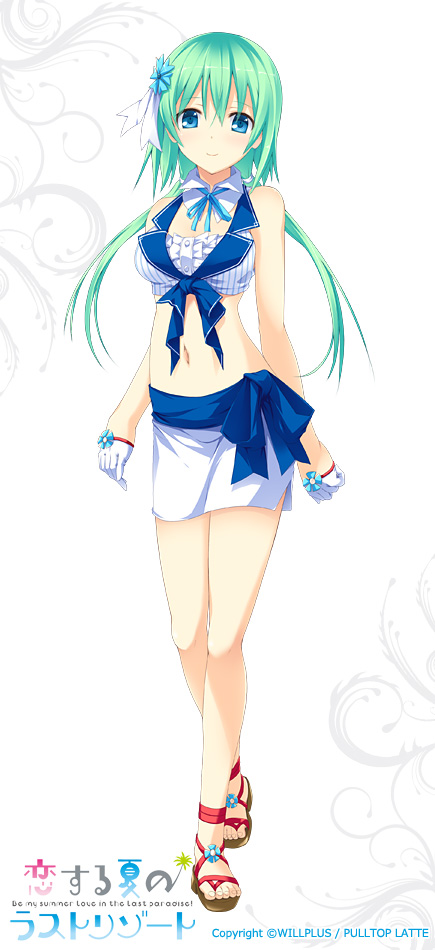 1girl, blue_eyes, gloves, green_hair, hair_ribbon, kaku_konami, koisuru_natsu_no_last_resort, legs, low_twintails, miniskirt, ribbon, sandals, satofuji_masato, skirt, twintails, waitress, white_gloves