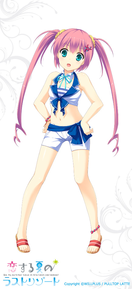 1girl, green_eyes, hands_on_hips, koisuru_natsu_no_last_resort, mottsun, pink_hair, short_shorts, shorts