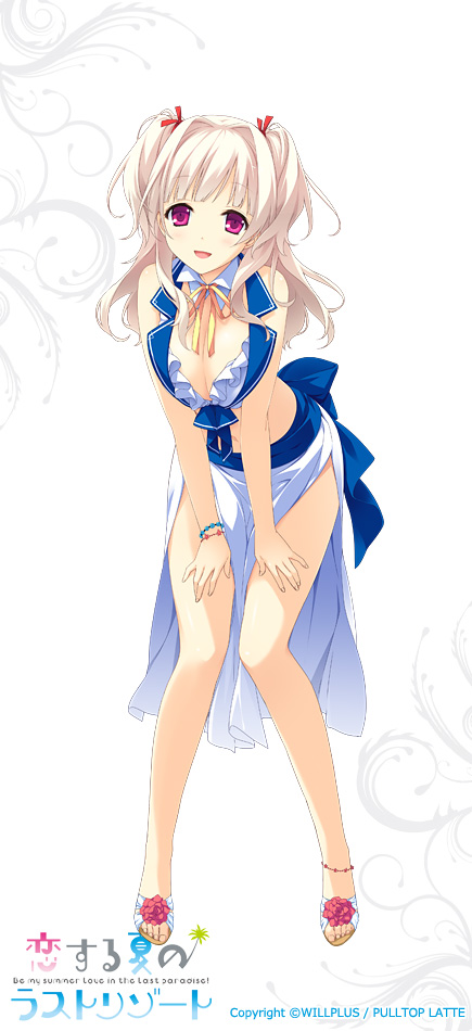 1girl, :d, breasts, cleavage, kitsuki_riho, koisuru_natsu_no_last_resort, leaning_forward, legs