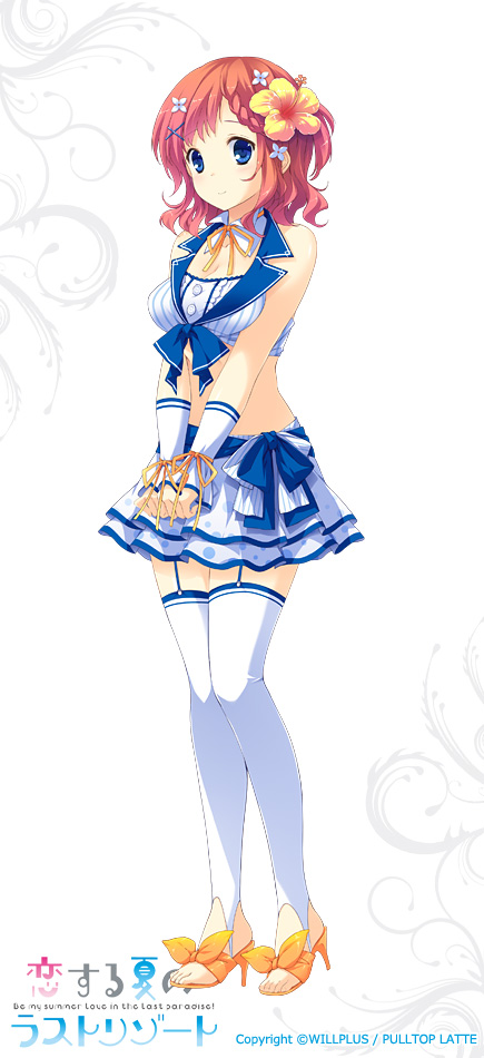 1girl, blue_eyes, braid, breasts, brown_hair, cleavage, flower, garter_straps