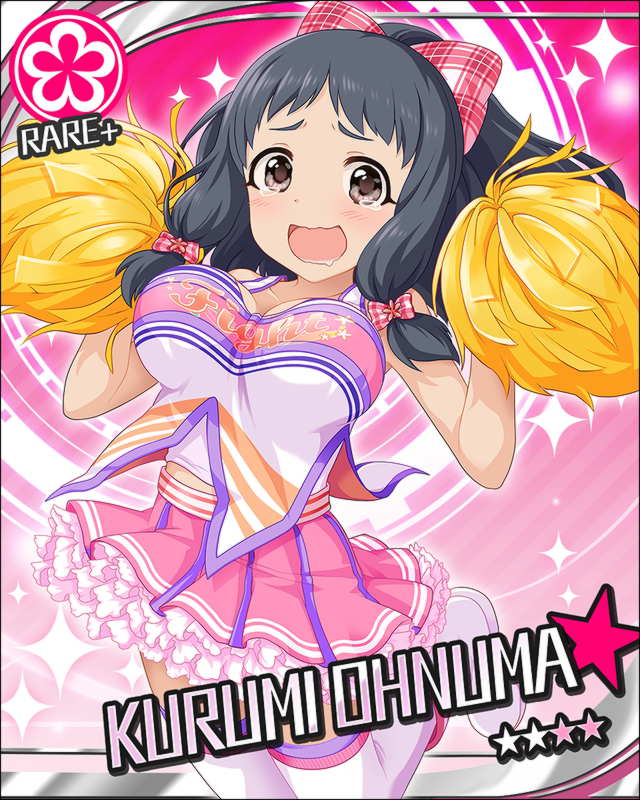 1girl, artist_request, blue_hair, breasts, brown_eyes, character_name, cheerleader, flower_(symbol)