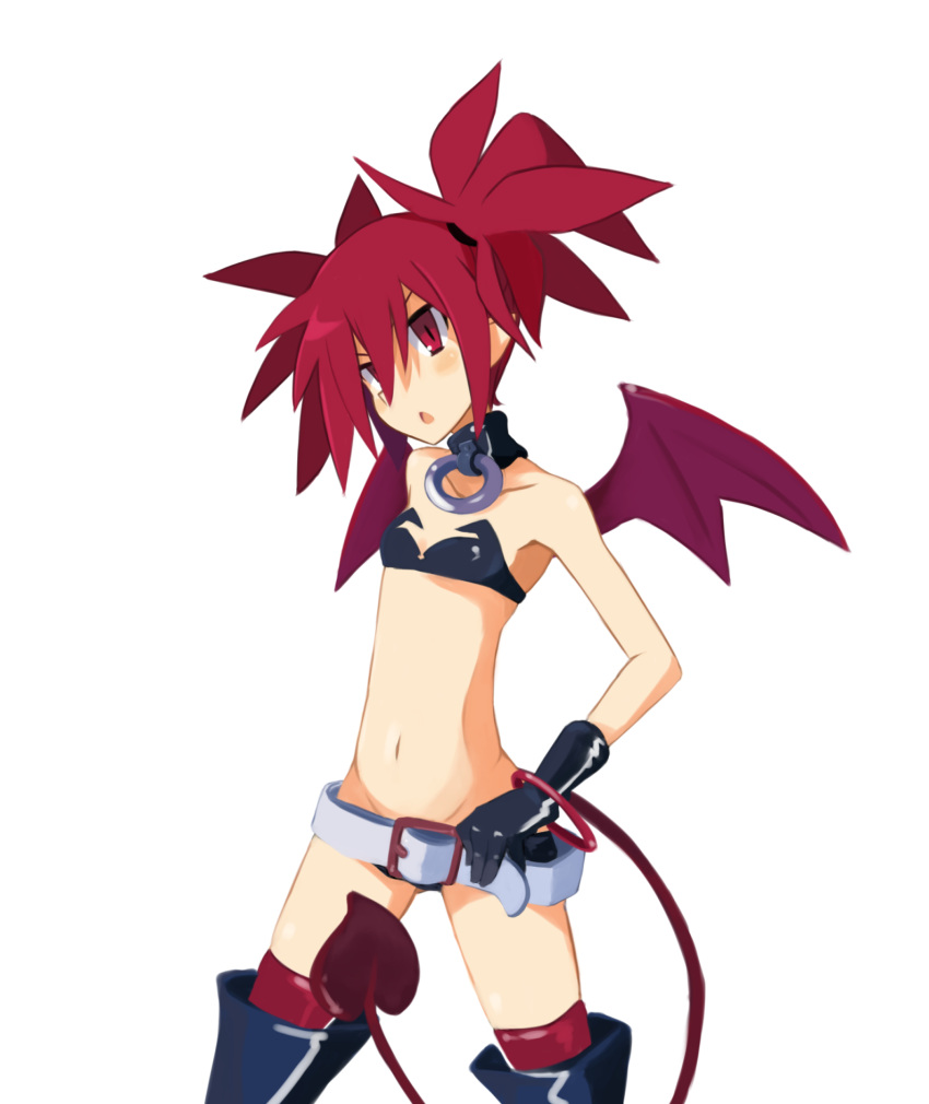 1girl, bangle, bare_shoulders, bat_wings, beltskirt, bikini_top, black_gloves, boots