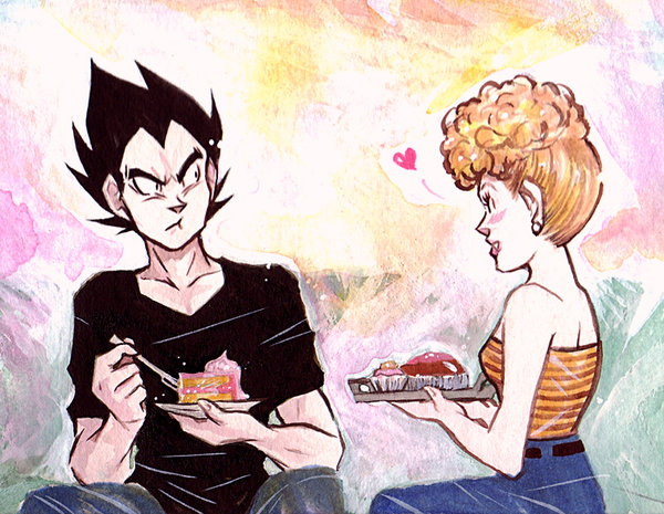 1boy, 1girl, arumise, bare_shoulders, blonde_hair, cake, dragon_ball, dragon_ball_z