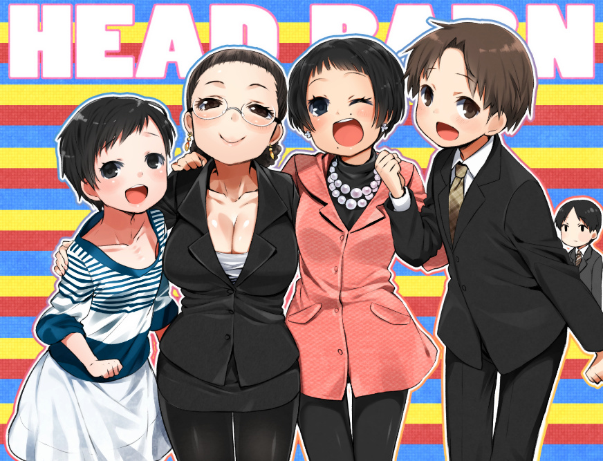 2boys, 3girls, :>, agemono, backman_(soka_gakkai_international), black_eyes, black_hair, black_legwear, breasts, brown_eyes, brown_hair, cleavage, earrings, formal, glasses, hisamoto_masami, ishikawa_(soka_gakkai_international), jewelry, large_breasts, mole, multiple_boys, multiple_girls, necklace, open_mouth, pantyhose, pearl_necklace, saitou_fusako, shibata_rie, short_hair, skirt, skirt_suit, smile, soka_gakkai_international, suit, wink