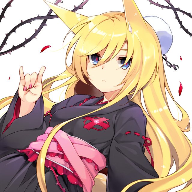 1girl, aburidashi_zakuro, animal_ears, blonde_hair, blue_eyes, character_request, fox_ears, japanese_clothes