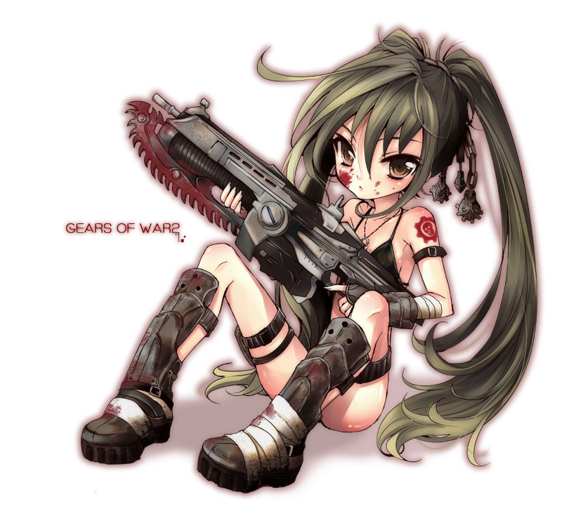 1girl, bandages, blood, blood_on_face, boots, brown_eyes, chainsaw, crimson_omen