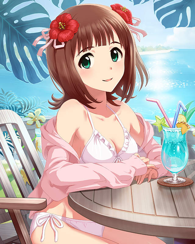 amami_haruka, bare_shoulders, beverage, bikini, brown_hair, flower, green_eyes, idolmaster