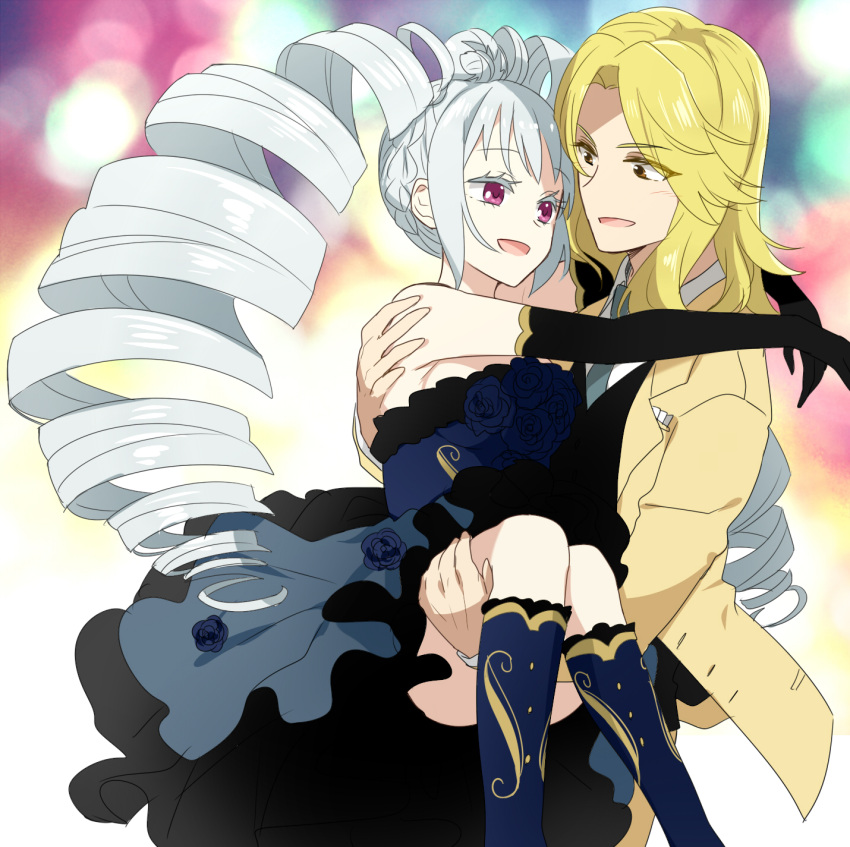 1girl, amou_june, blonde_hair, braid, brown_eyes, carrying, couple, curly_hair