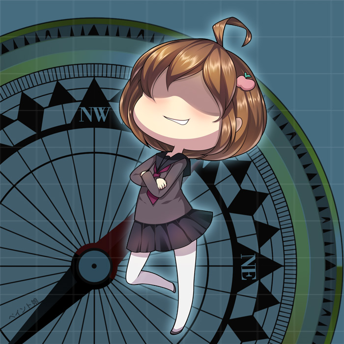 1girl, ahoge, apple, brown_hair, cha_(kantai_collection), compass, crossed_arms, food