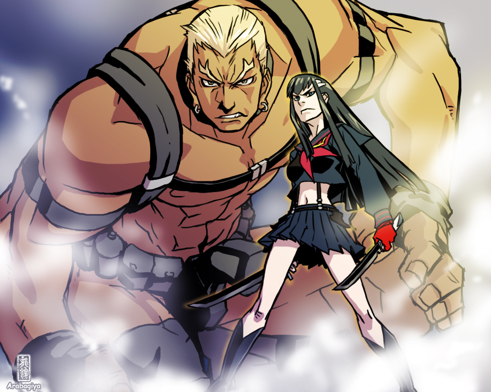 1boy, 1girl, abs, arabagi, armpit_holster, belt, black_hair, blonde_hair