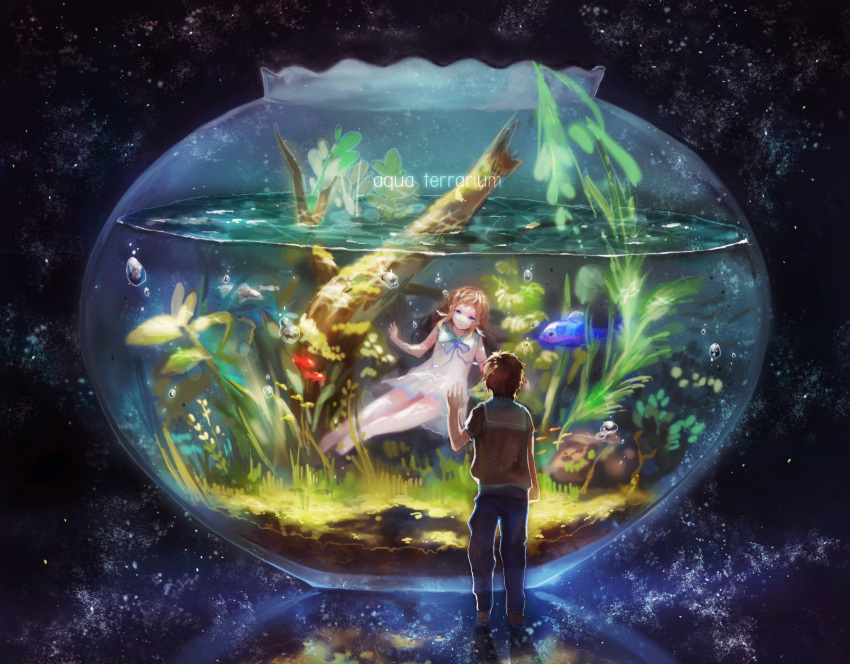 1boy, 1girl, blue_eyes, brown_hair, copyright_name, fish, fishbowl, highres