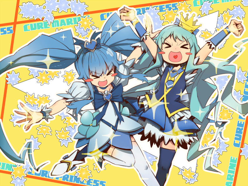 >_<, 2girls, blue_dress, blue_hair, blue_legwear, blue_skirt, blush, boots