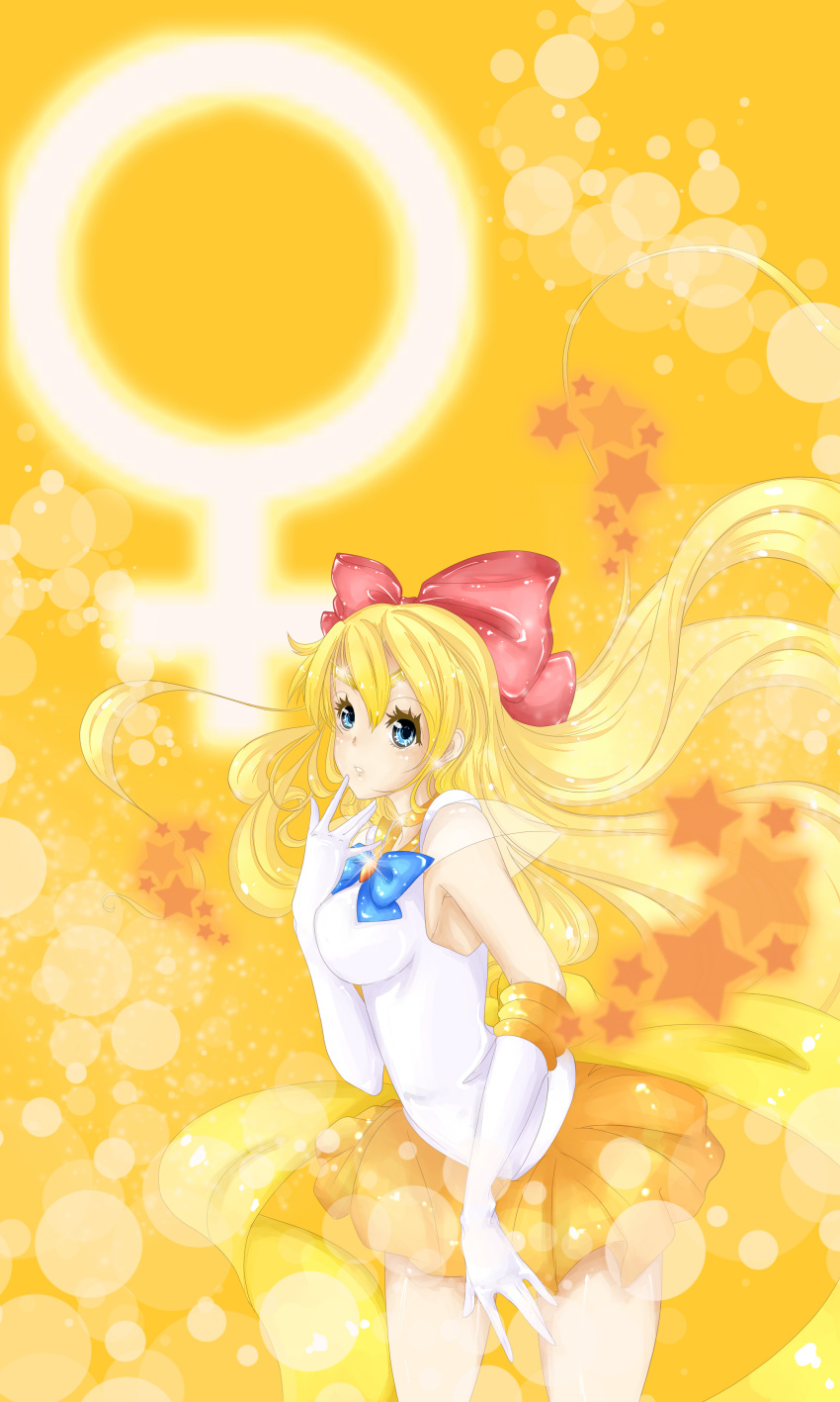 1girl, absurdres, aino_minako, armpits, bishoujo_senshi_sailor_moon, blonde_hair, blue_eyes, bow, bunnyisaac, elbow_gloves, gloves, hair_bow, highres, long_hair, magical_girl, orange_(color), orange_background, orange_skirt, ribbon, sailor_venus, skirt, solo, star, white_gloves