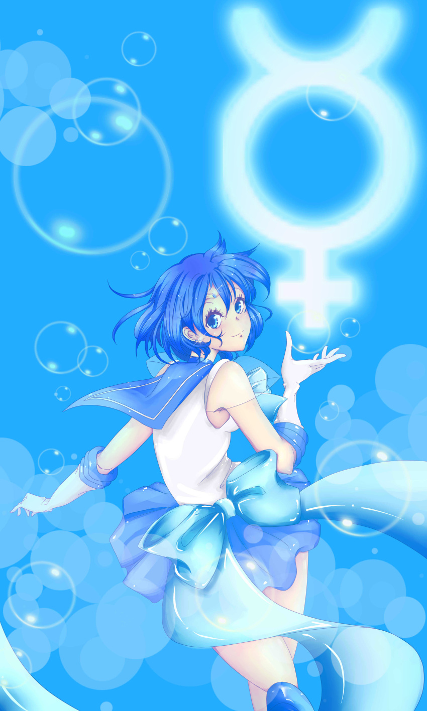 1girl, absurdres, bishoujo_senshi_sailor_moon, blue, blue_background, blue_eyes, blue_hair, blue_skirt