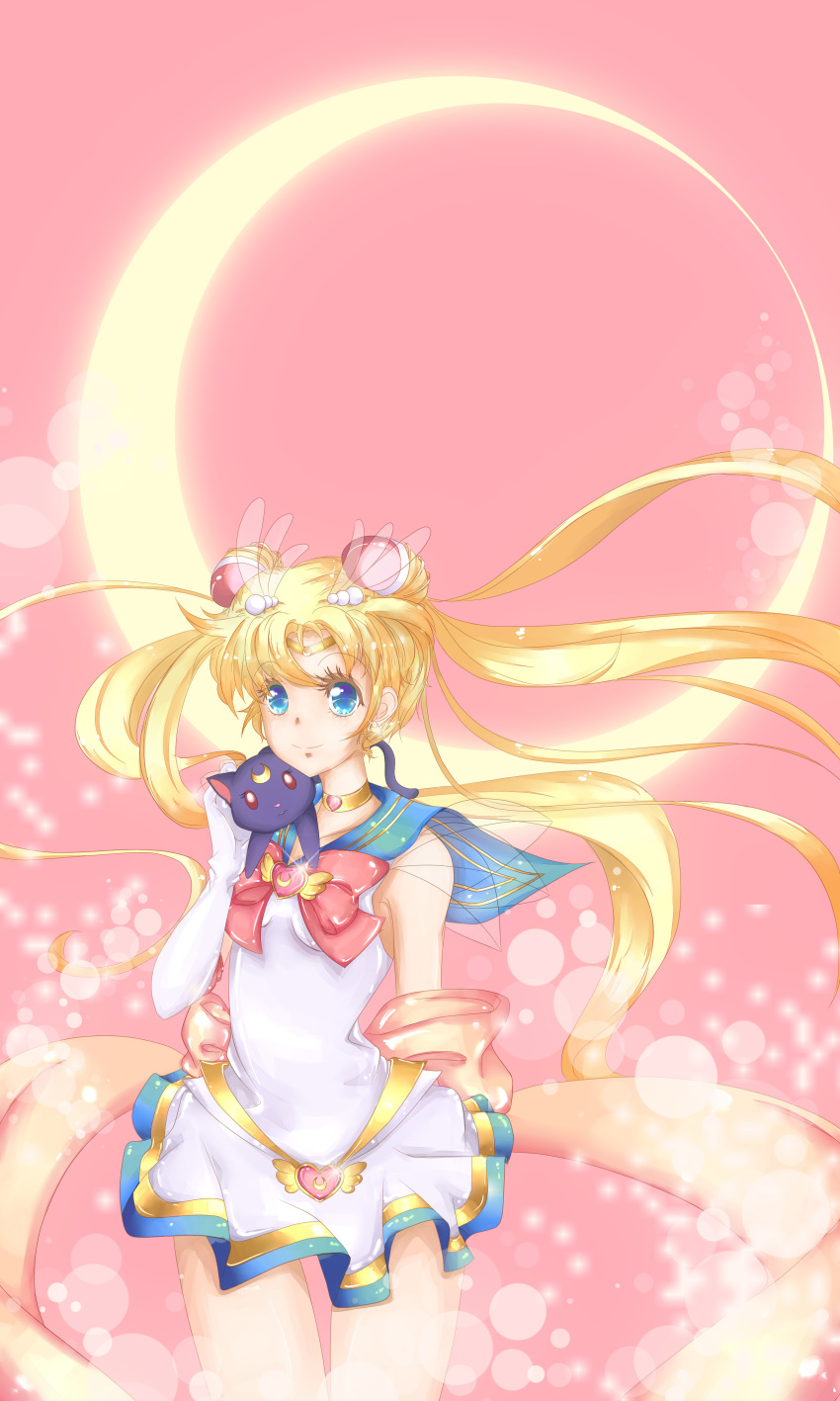 1girl, absurdres, animal_on_shoulder, bishoujo_senshi_sailor_moon, blonde_hair, blue_eyes, brooch, bunnyisaac, cat, cat_on_shoulder, choker, crescent_moon, double_bun, gloves, hair_ornament, hairpin, highres, jewelry, long_hair, luna_(sailor_moon), magical_girl, moon, pink_background, pleated_skirt, sailor_collar, sailor_moon, skirt, smile, super_sailor_moon, tiara, tsukino_usagi, twintails, white_gloves