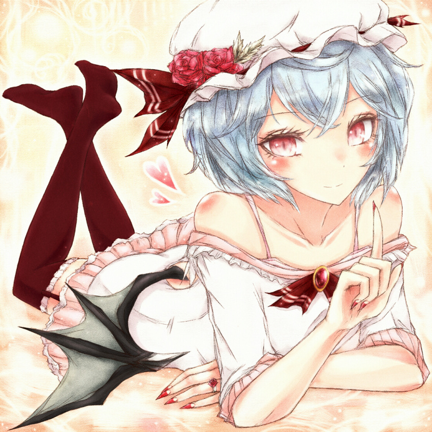 1girl, bare_shoulders, bat_wings, blue_hair, brown_legwear, check_commentary, chemise, collarbone, commentary, dress, flower, garter_straps, hat, hat_flower, hat_ribbon, heart, jewelry, kyuuponkuku, legs_up, looking_at_viewer, lying, mob_cap, off_shoulder, on_stomach, pink_dress, pink_eyes, red_nails, remilia_scarlet, ribbon, ring, smile, solo, thigh-highs, touhou, wings, zettai_ryouiki