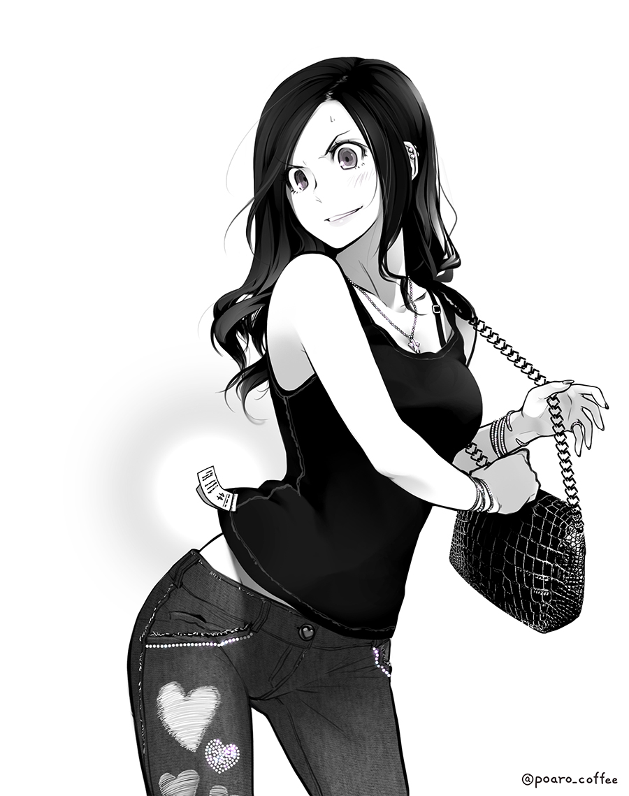 1girl, bag, blush, bra_strap, bracelet, breasts, collarbone, cross, cross_necklace, handbag, heart, inside-out, jewelry, lips, long_hair, monochrome, necklace, original, parted_lips, poaro, simple_background, solo, twitter_username, white_background