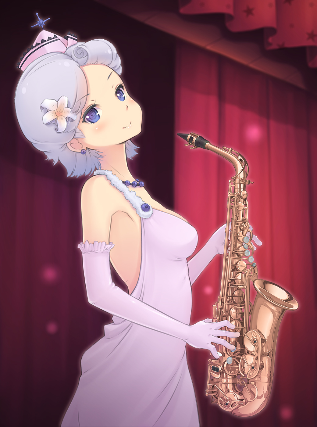 1girl, alternate_costume, bare_shoulders, breasts, dress, earrings, elbow_gloves, flower