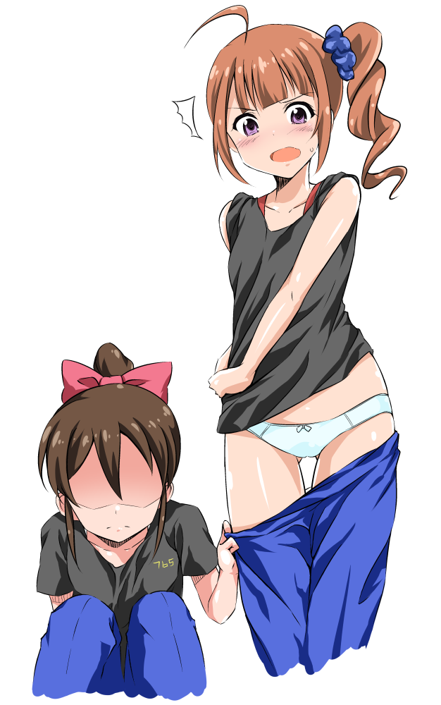 2girls, ahoge, bow, brown_hair, embarrassed, flo, hair_bow, idolmaster
