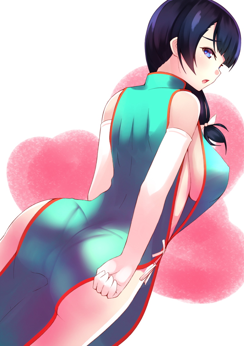 1girl, bare_shoulders, black_hair, blue_eyes, breasts, china_dress, chinese_clothes, elbow_gloves