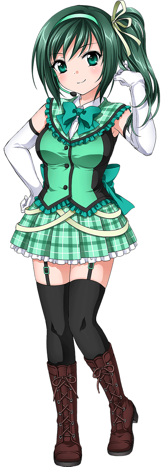boots, garter_belt, green_eyes, green_hair, highres, marronni_yell, official_art, pleated_skirt
