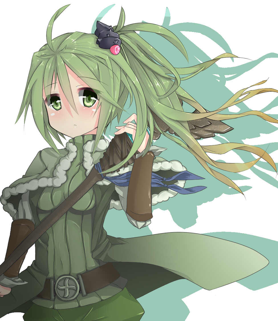 1girl, blush, duel_monster, green_eyes, green_hair, hair_ornament, looking_at_viewer, multicolored_hair