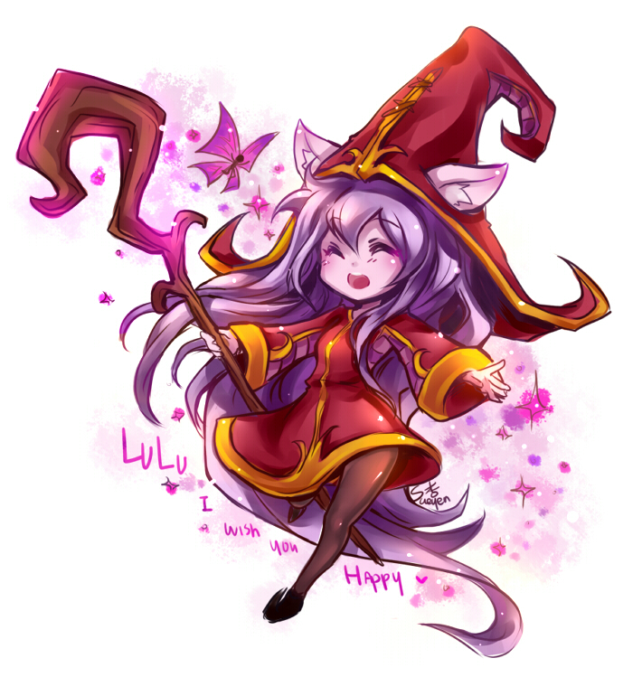 1girl, ^_^, closed_eyes, fairy, hat, league_of_legends, long_hair, lulu_(league_of_legends)
