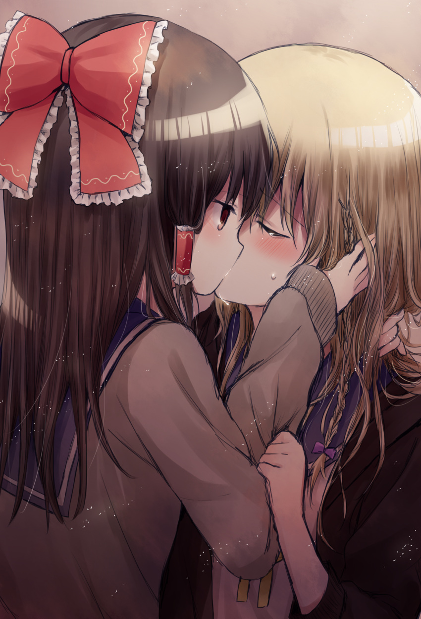 2girls, alternate_costume, blonde_hair, blush, brown_hair, closed_eyes, contemporary, hakurei_reimu