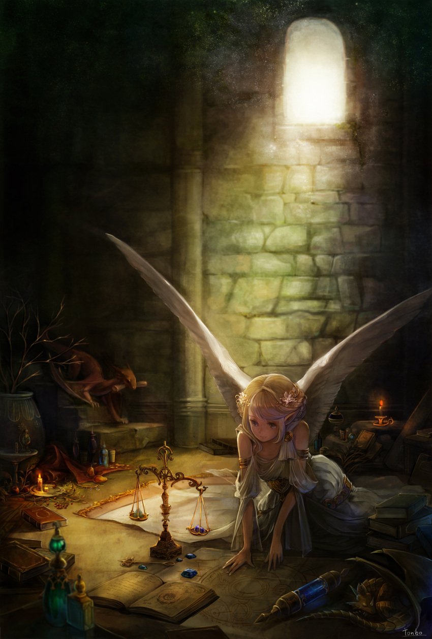 1girl, absurdres, aka_tonbo_(lovetow), angel_wings, armlet, artist_name, bare_shoulders, blonde_hair