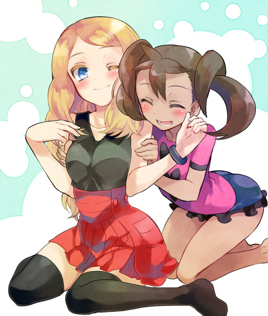 2girls, bare_legs, black_legwear, blonde_hair, blue_eyes, blush, bracelet, brown_hair, closed_eyes, hug, hug_from_behind, irouha, jewelry, long_hair, multiple_girls, open_mouth, pleated_skirt, pokemon, pokemon_(game), pokemon_xy, quad_tails, sana_(pokemon), serena_(pokemon), short_shorts, shorts, sitting, skirt, sleeveless, sleeveless_shirt, smile, thigh-highs, wariza, yuri