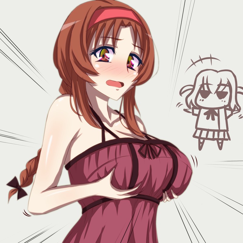blush, braid, breasts, brown_eyes, brown_hair, cleavage, d-frag!, dress