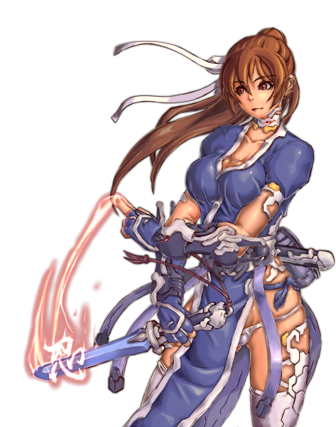 1girl, breasts, brown_eyes, brown_hair, dead_or_alive, hair_ribbon, kasumi, large_breasts, lowleg, lowleg_panties, panties, ponytail, reverse_grip, ribbon, short_sword, skindentation, solo, sword, u-kichi, underwear, vambraces, weapon, white_background, white_legwear, white_panties