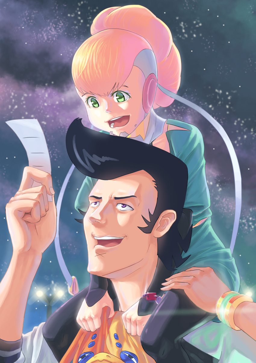 1boy, 1girl, absurdres, adelie_(space_dandy), black_hair, black_legwear, blonde_hair, carrying