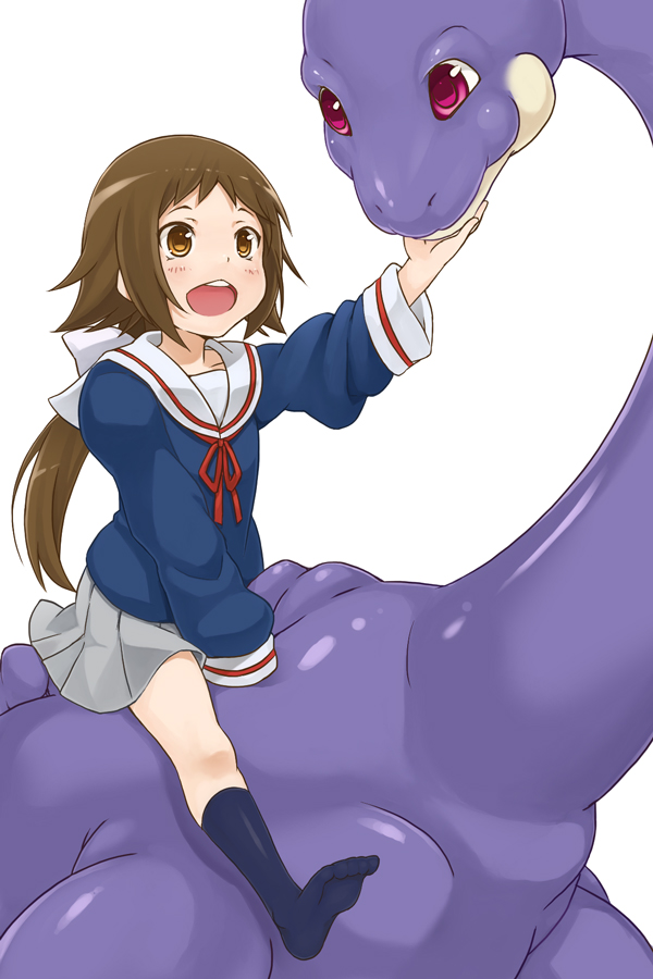 brown_eyes, brown_hair, dinosaur, long_hair, mikakunin_de_shinkoukei, mitsumine_mashiro, mo-fu, mokele-mbembe, monster, open_mouth, pink_eyes, ponytail, riding, school_uniform, skirt, sleeves_past_wrists, smile, socks