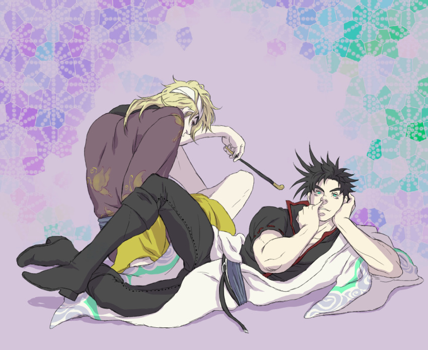 2boys, 46nosuke, black_hair, blonde_hair, cosplay, dio_brando, gintama, japanese_clothes