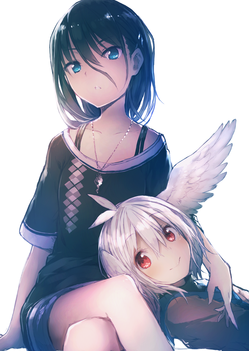 2girls, :>, black_hair, blue_eyes, crossed_legs, en@rain, feather_hair, jewelry