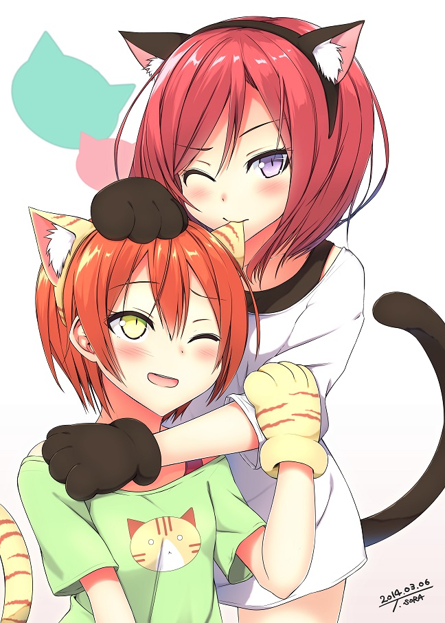 animal_ears, biting, blush, brown_hair, cat_ears, cat_paws, ear_biting, hoshizora_rin