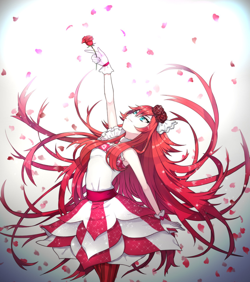 1girl, dress, flower, green_eyes, hair_flower, hair_ornament, highres, long_hair