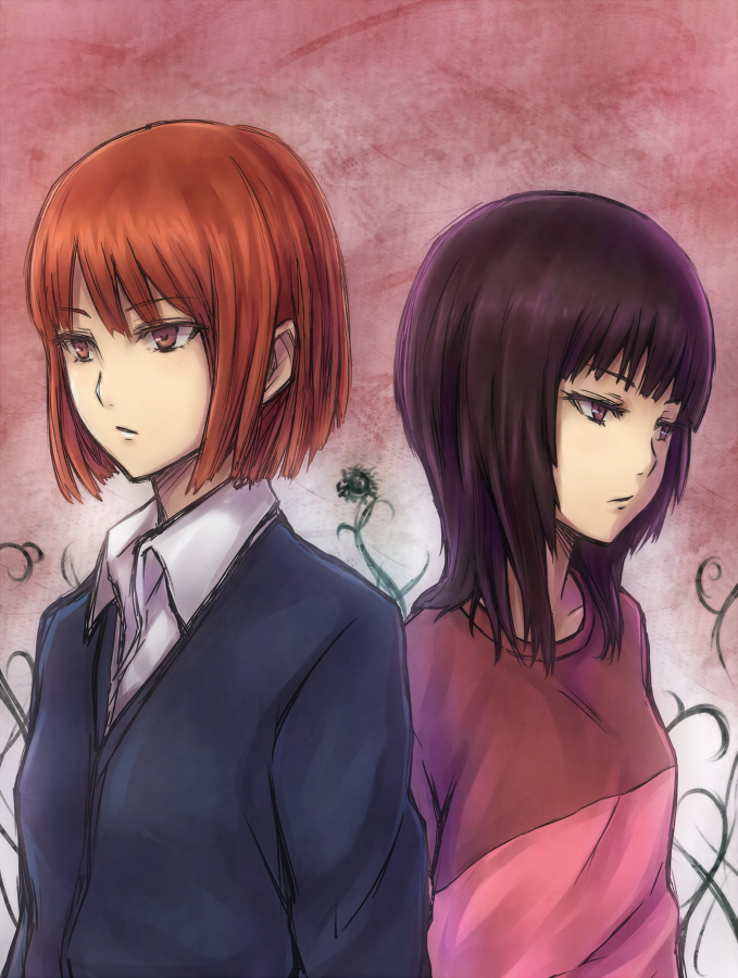 2girls, aku_no_hana, black_hair, brown_eyes, casual, inaba-no-kuni-tottori, multiple_girls, nakamura_sawa