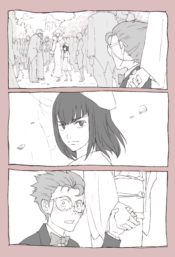 blush, child, glasses, holding_hand, kill_la_kill, kiryuuin_ragyou, kiryuuin_satsuki, leaf, makio_(battle_of_my_generation), meeting, monochrome, outdoors, takarada_kaneo, wind