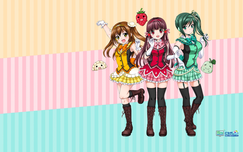 3girls, boots, golden_hair, green_eyes, green_hair, haruzaki_nonoka, highres, long_hair