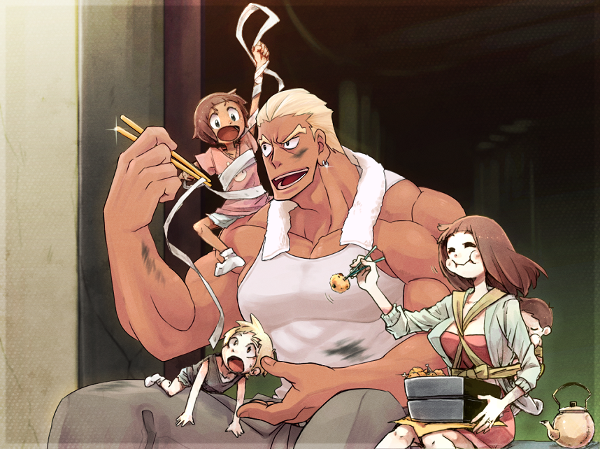 alternate_hair_length, alternate_hairstyle, baby, bandages, child, chopsticks, dai_(mebae16), eating, family, food, gamagoori_ira, if_they_mated, kill_la_kill, mankanshoku_mako, muscle, puffy_cheeks, towel, towel_around_neck
