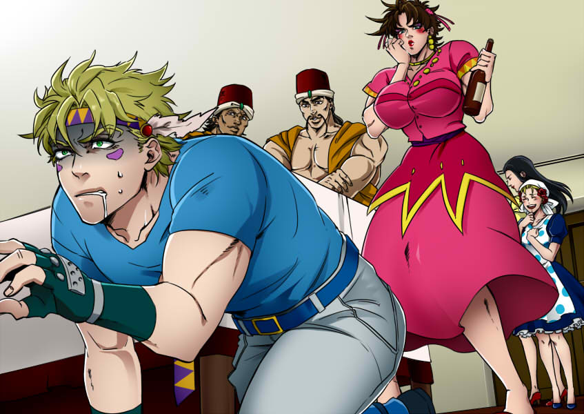 2girls, 4boys, bottle, caesar_anthonio_zeppeli, crawling, crossdressinging, drooling, jojo_no_kimyou_na_bouken