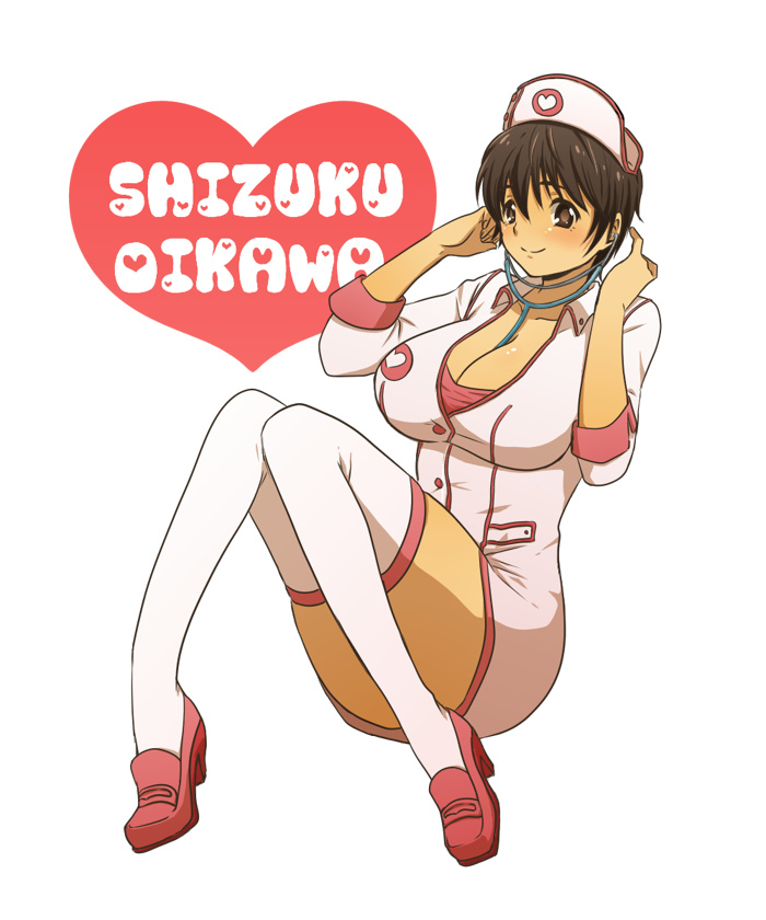 1girl, between_breasts, black_hair, blush, breasts, brown_eyes, cleavage, dress, hat, idolmaster, idolmaster_cinderella_girls, james_(artist), knees_together_feet_apart, large_breasts, loafers, nurse, nurse_cap, oikawa_shizuku, shoes, short_dress, short_hair, sitting, smile, solo, stethoscope, thigh-highs, white_legwear