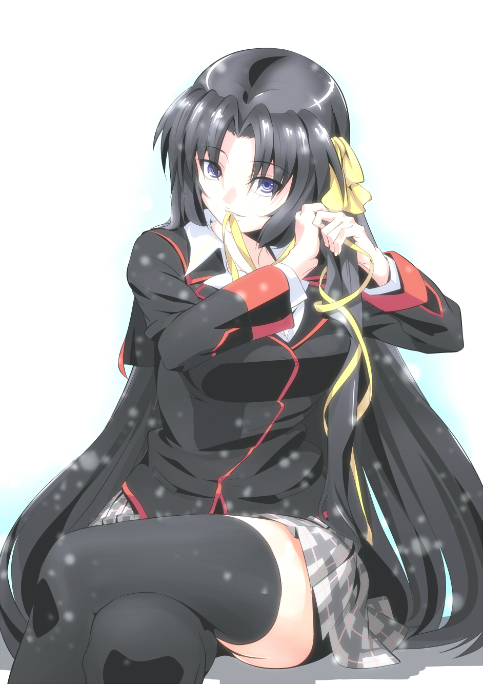 1girl, black_hair, highres, kurugaya_yuiko, little_busters!!, long_hair, mouth_hold, ribbon