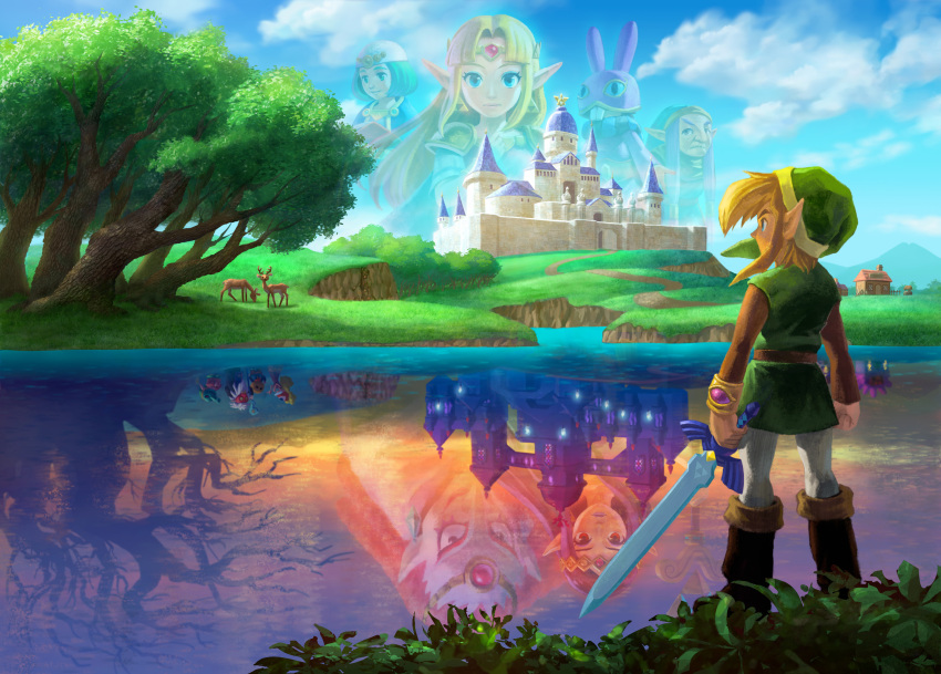 1boy, a_link_between_worlds, blonde_hair, boots, castle, character_request, deer, different_reflection, hat, highres, knee_boots, lake, link, master_sword, nintendo, official_art, pointy_ears, princess_hilda, princess_zelda, reflection, solo_focus, the_legend_of_zelda, tree, tunic, water