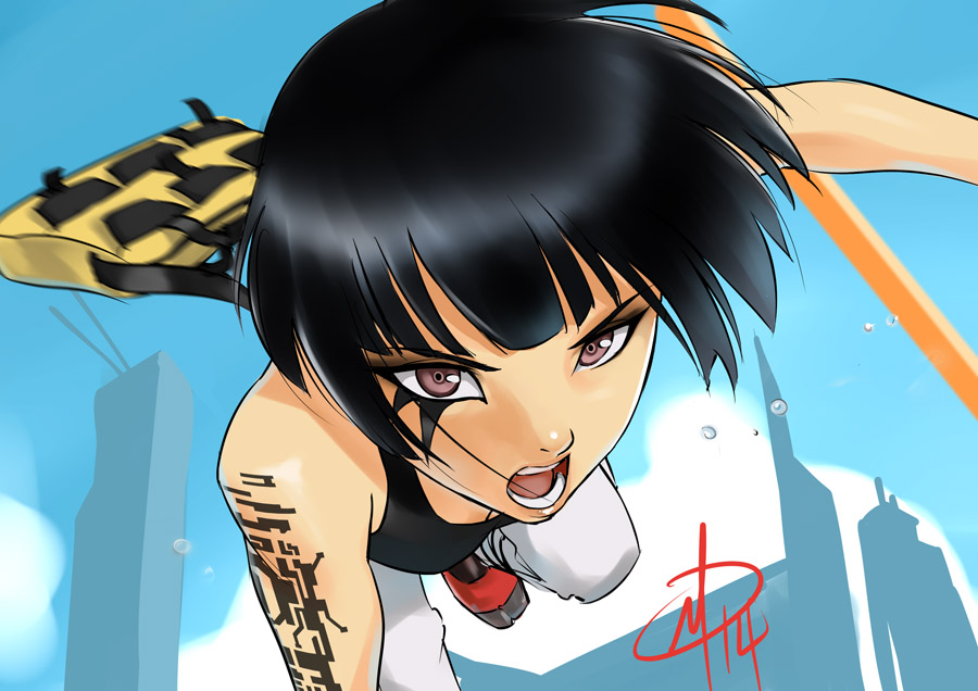 1girl, bag, black_hair, daniel_macgregor, facial_tattoo, faith_connors, flying_sweatdrops, messenger_bag